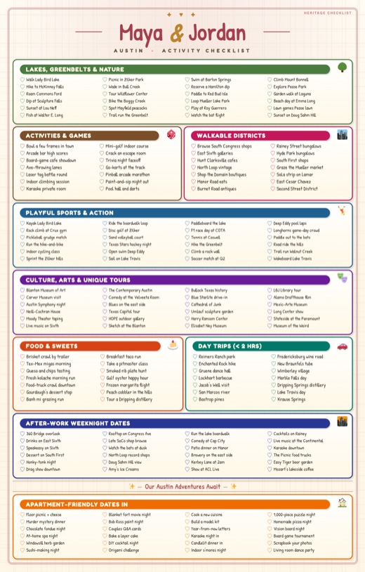 Austin date-ideas poster: 176 activities across colour-coded sections with two names printed on top