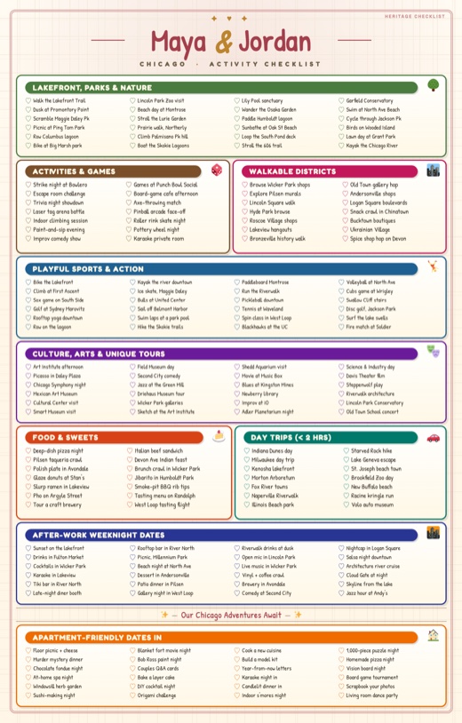 Chicago date-ideas poster: 176 activities across colour-coded sections with two names printed on top