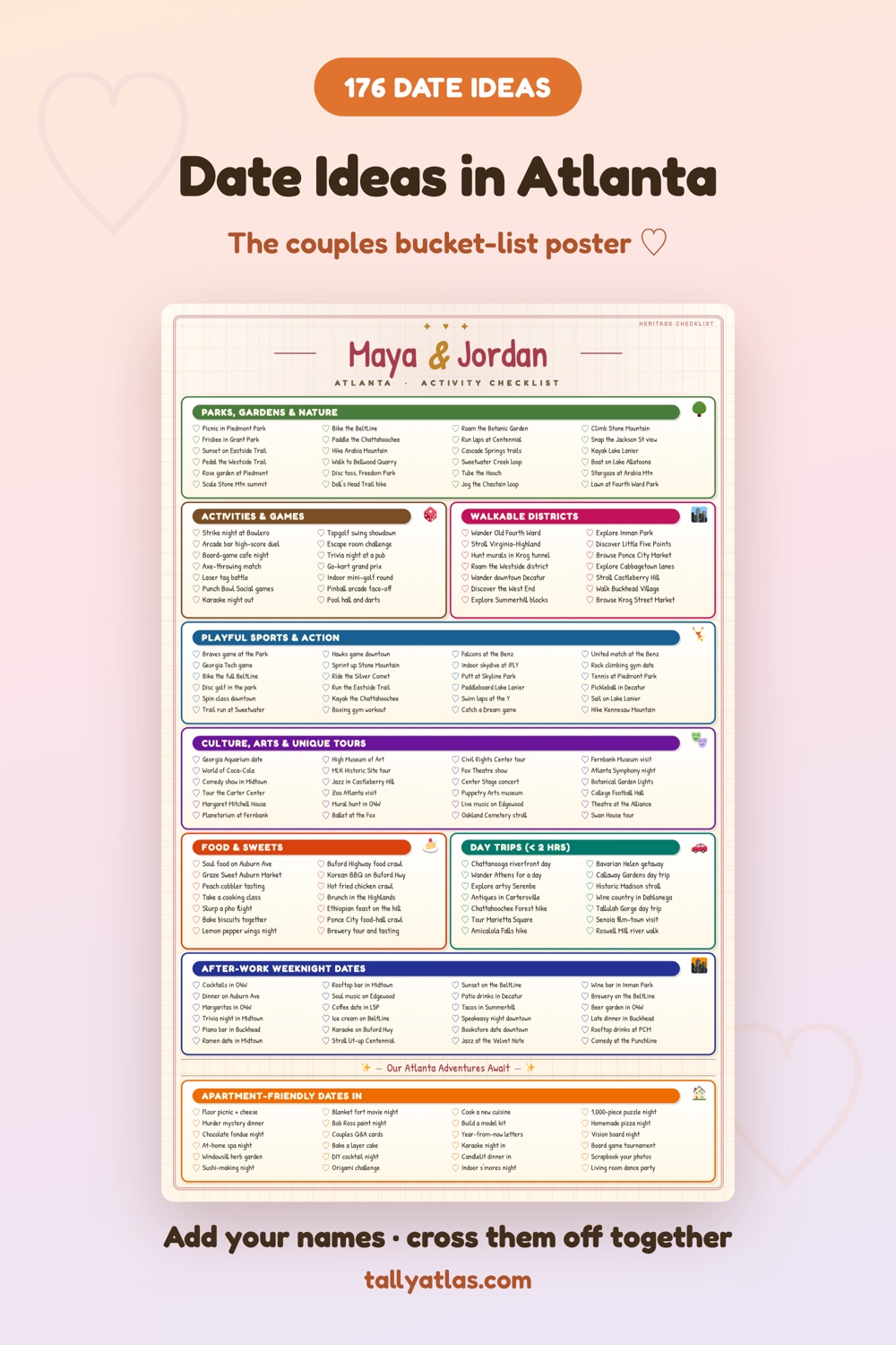 Atlanta date ideas checklist poster for couples