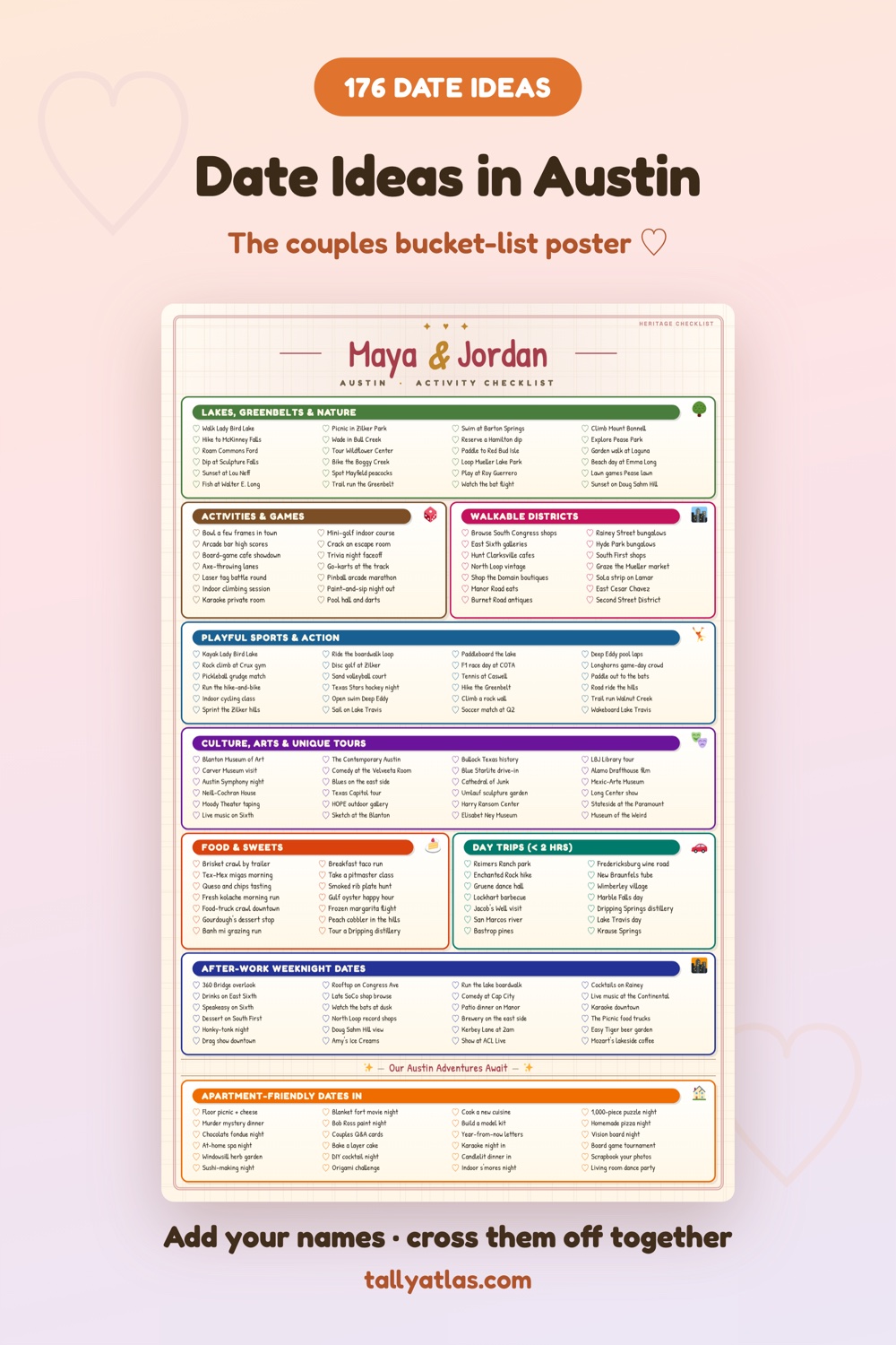 Austin date ideas checklist poster for couples