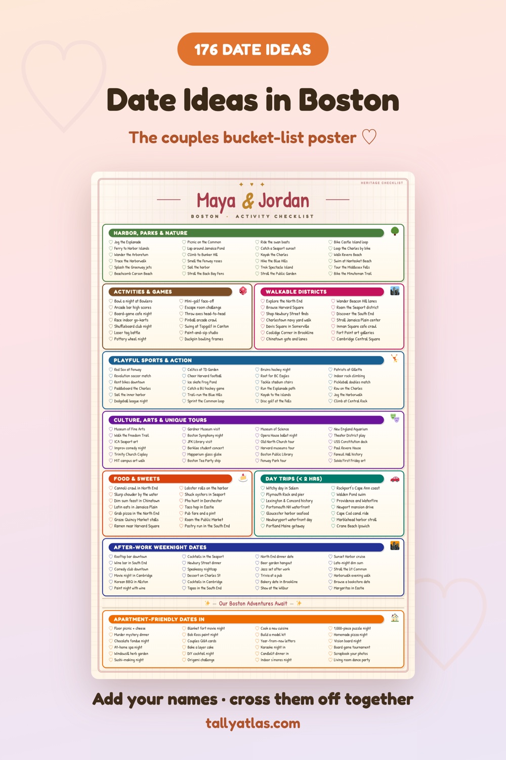 Boston date ideas checklist poster for couples