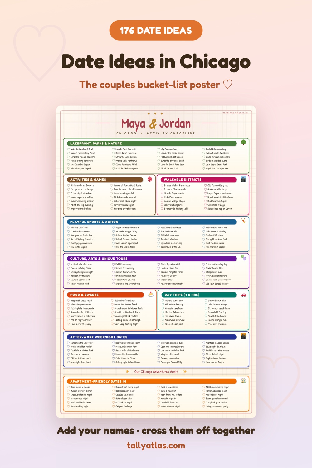 Chicago date ideas checklist poster for couples