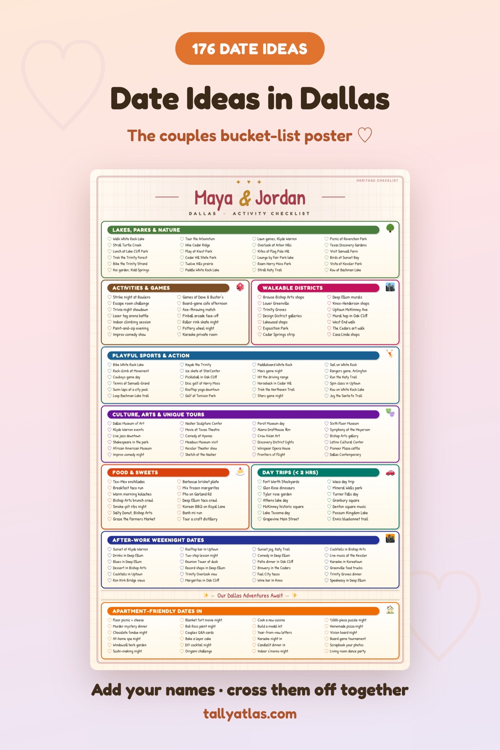 Dallas date ideas checklist poster for couples