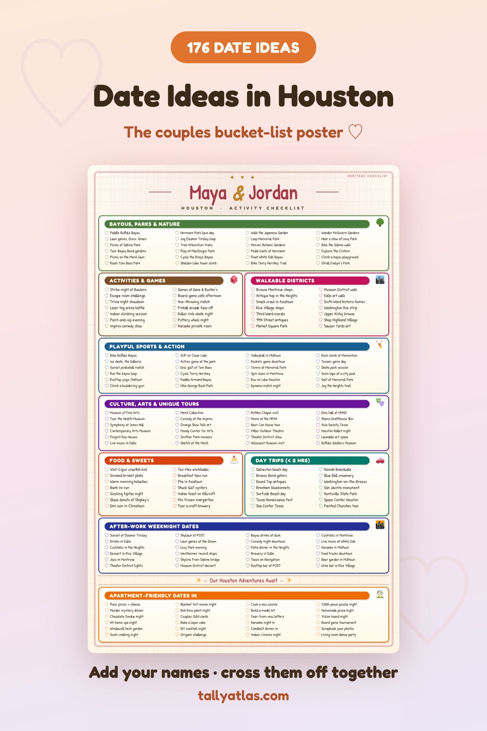 Houston date ideas checklist poster for couples