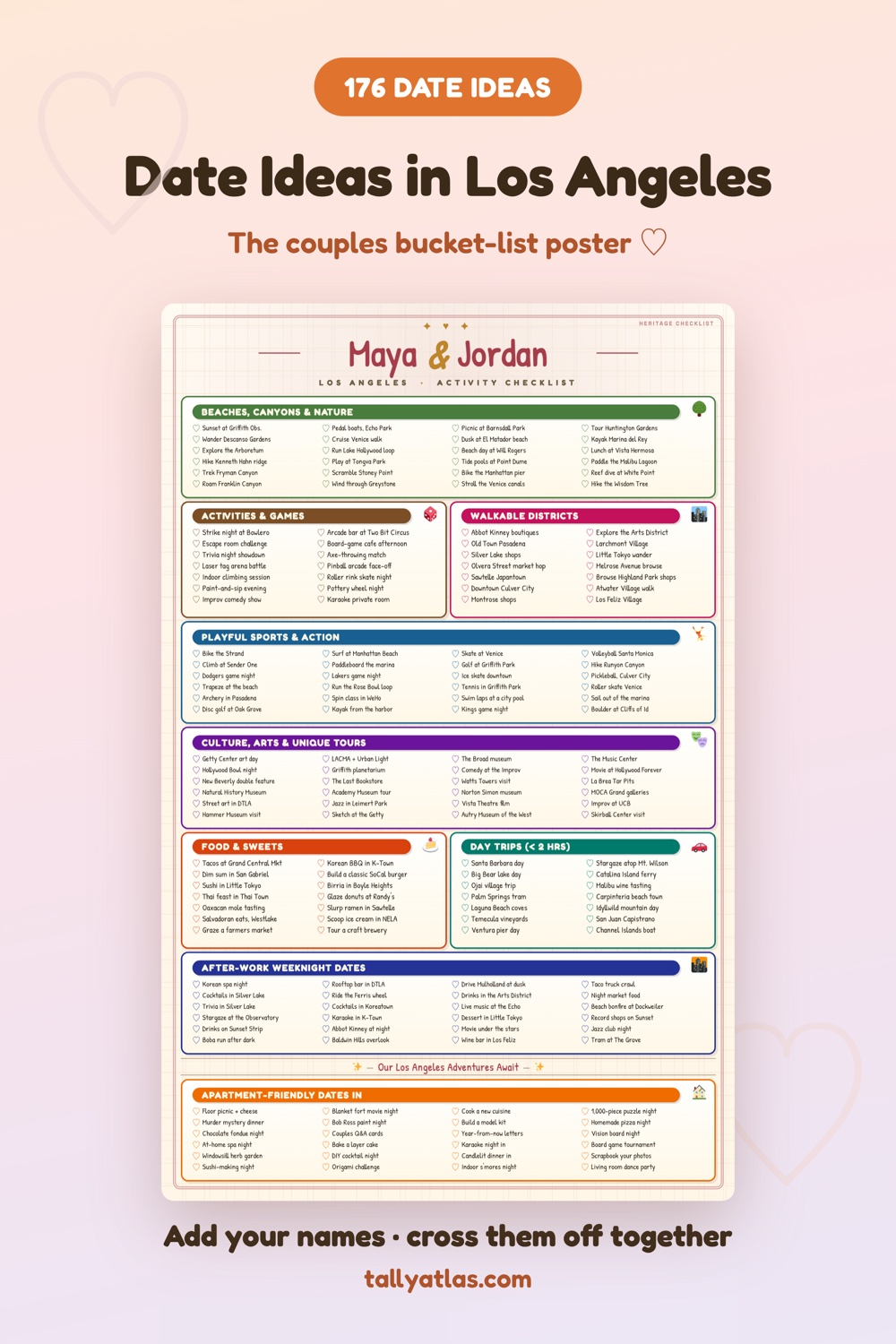 Los Angeles date ideas checklist poster for couples