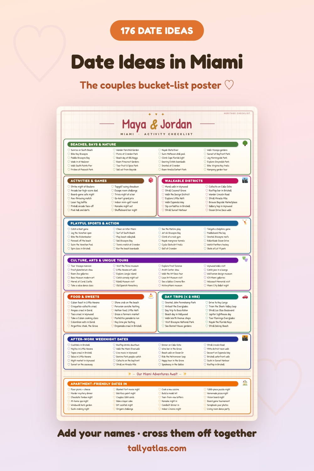 Miami date ideas checklist poster for couples