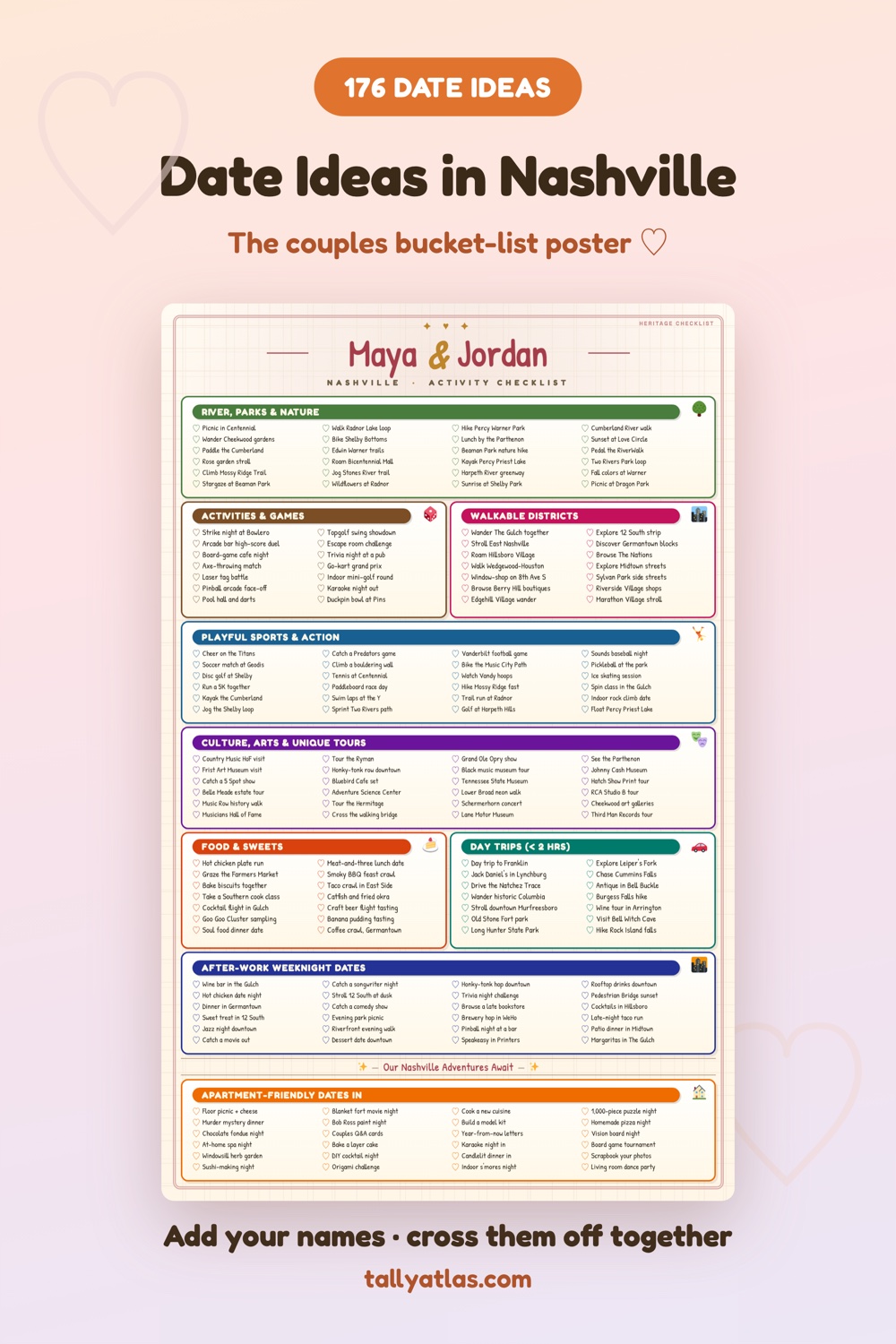 Nashville date ideas checklist poster for couples