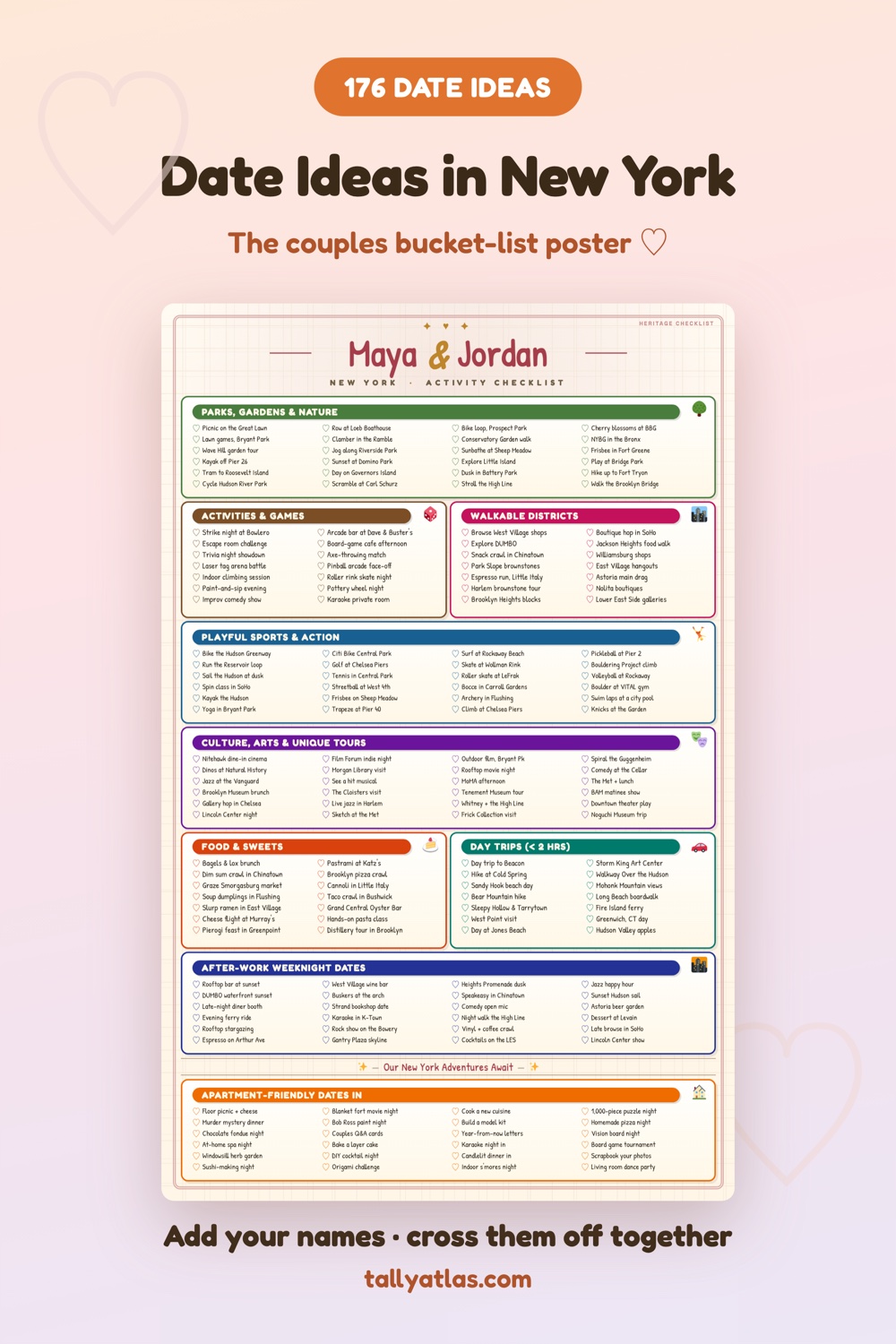 New York date ideas checklist poster for couples
