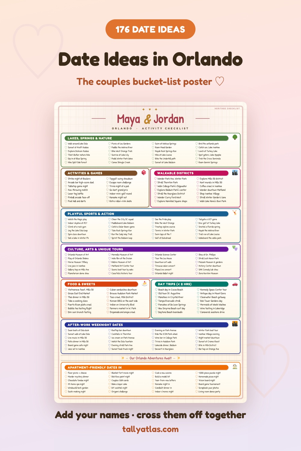 Orlando date ideas checklist poster for couples
