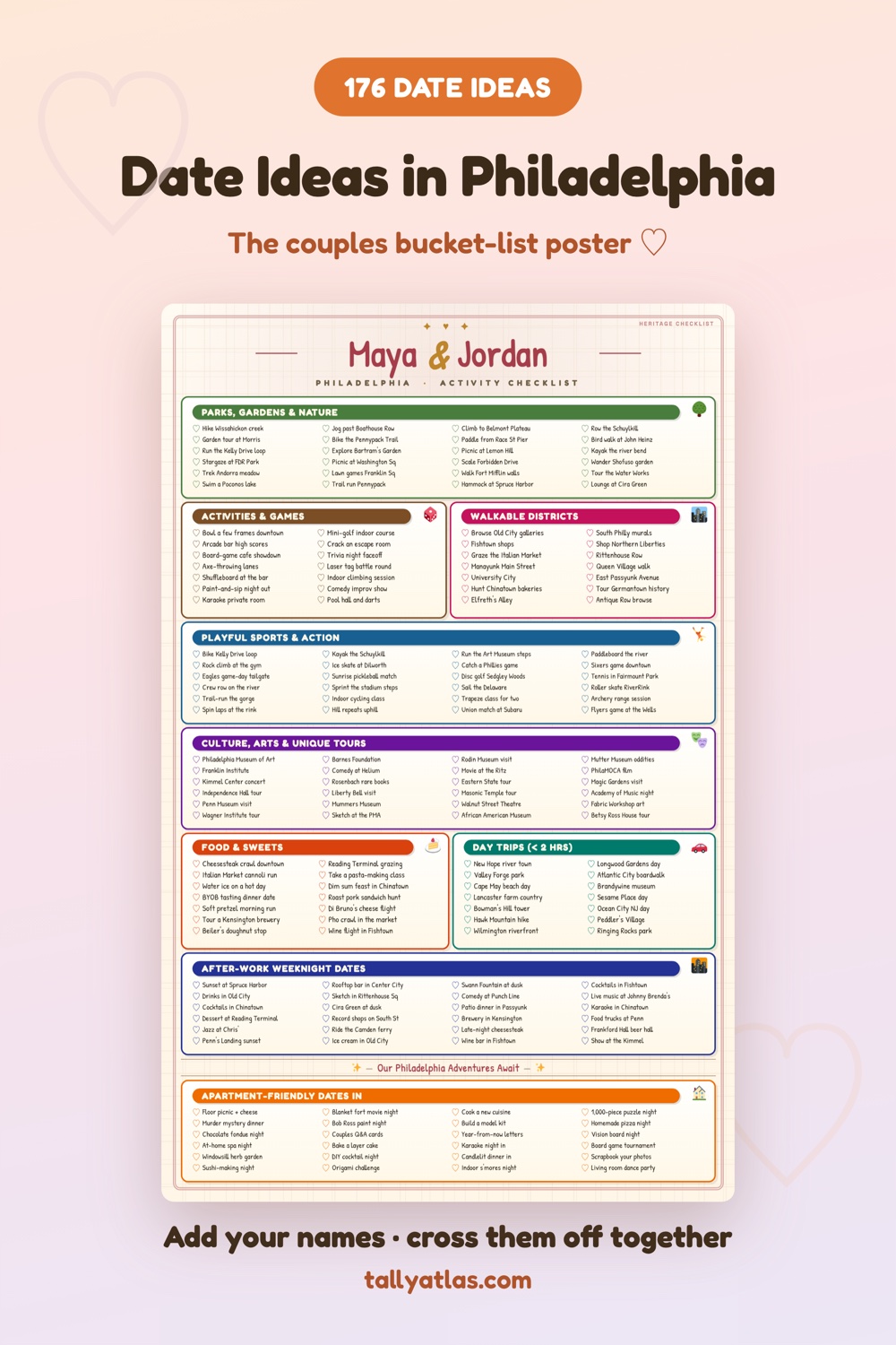 Philadelphia date ideas checklist poster for couples