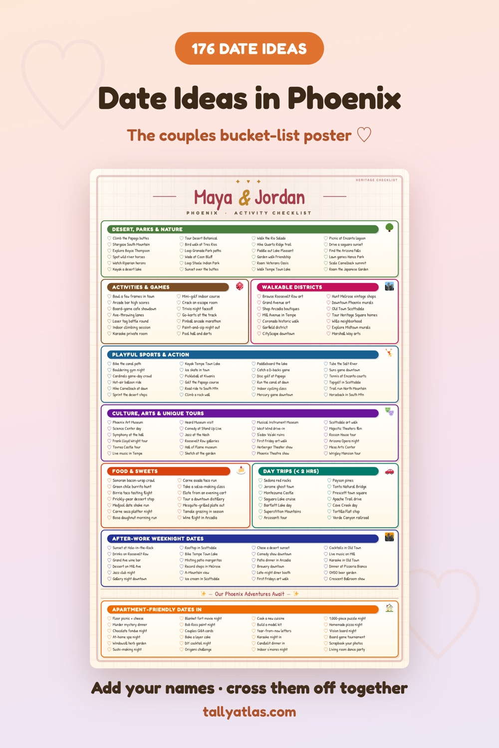 Phoenix date ideas checklist poster for couples