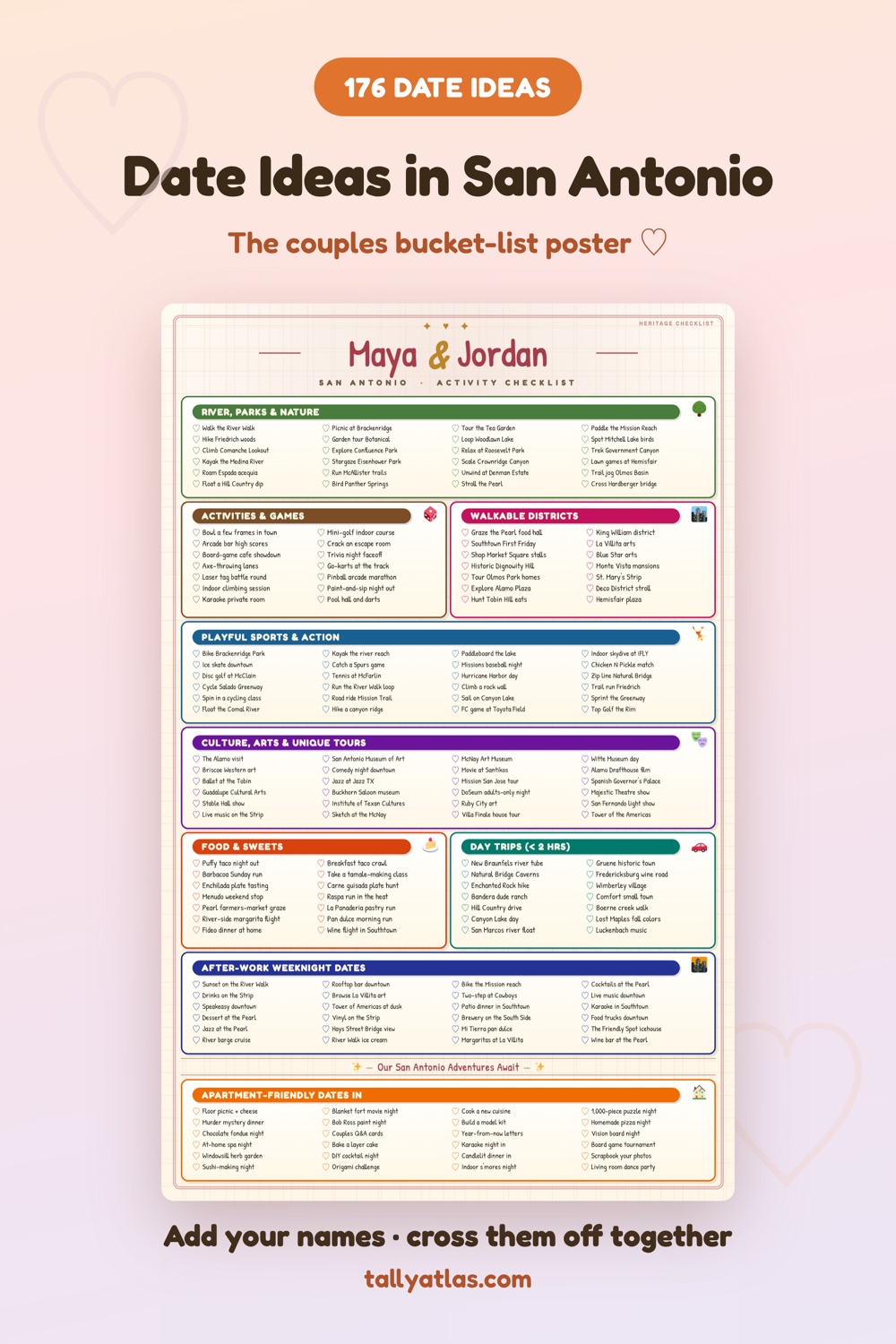 San Antonio date ideas checklist poster for couples