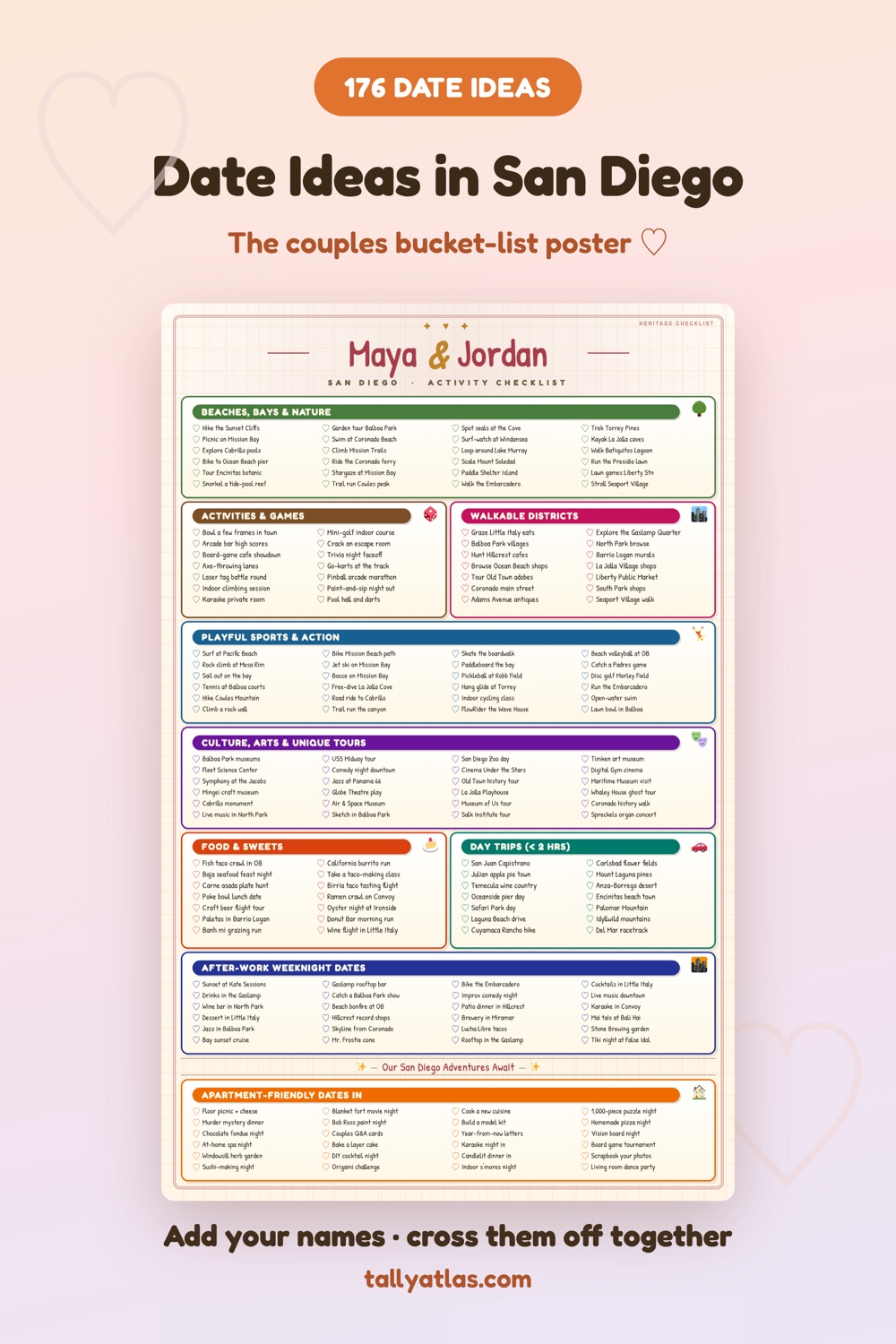 San Diego date ideas checklist poster for couples