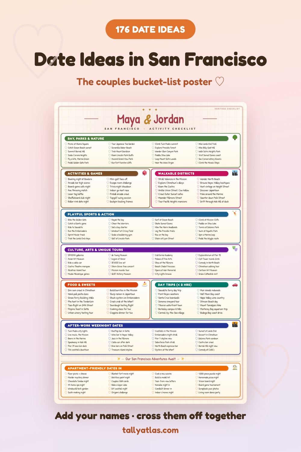 San Francisco date ideas checklist poster for couples