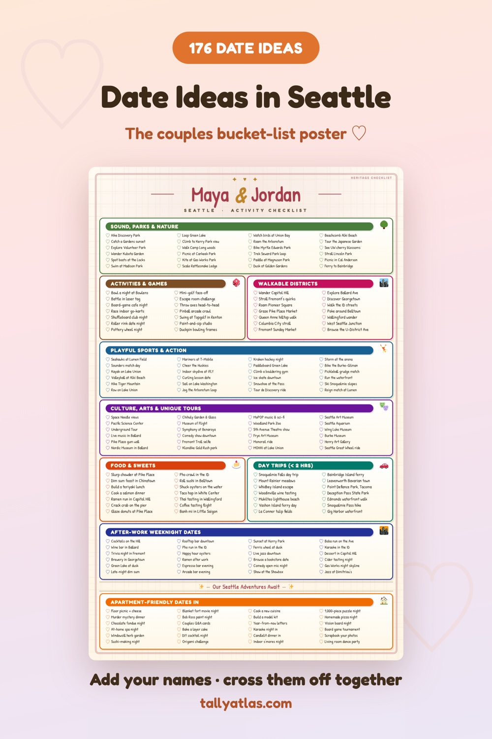 Seattle date ideas checklist poster for couples