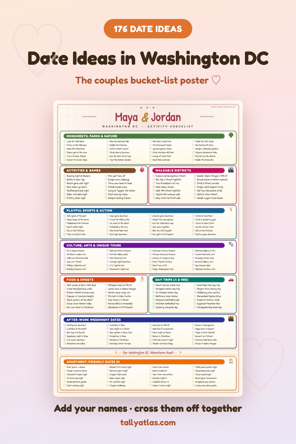 Washington DC date ideas checklist poster for couples