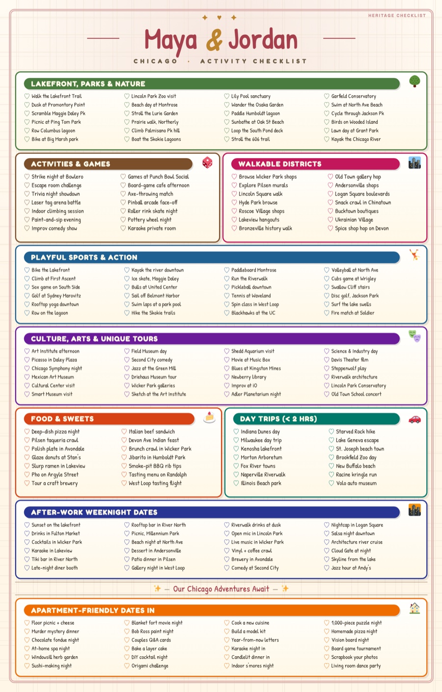 Personalized Chicago date-ideas checklist poster with two names and 176 activities